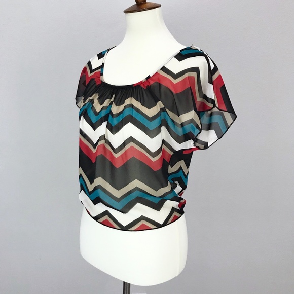 A'gaci Teal Zig Zag Chevron Chiffon Tie Back Top - Picture 8 of 14